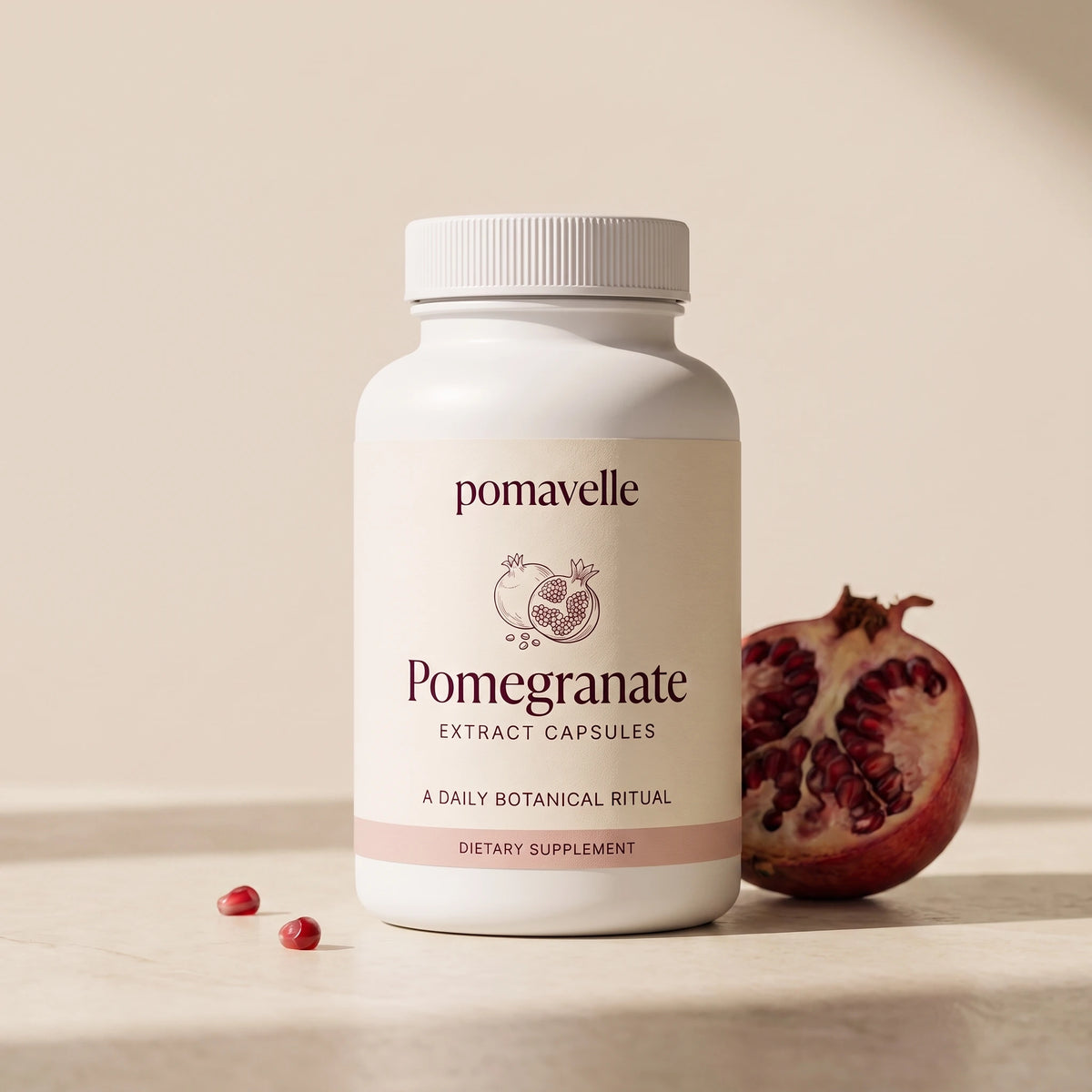 Pomavelle pomegranate extract capsule bottle and cut pomegranate