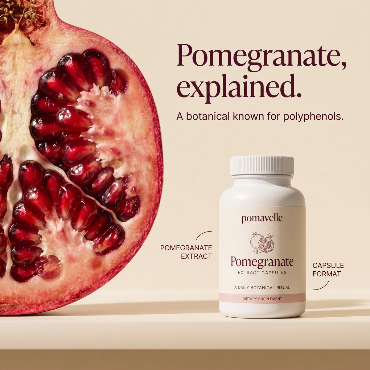 Pomegranate explained: a botanical known for polyphenols, in Pomavelle capsule format
