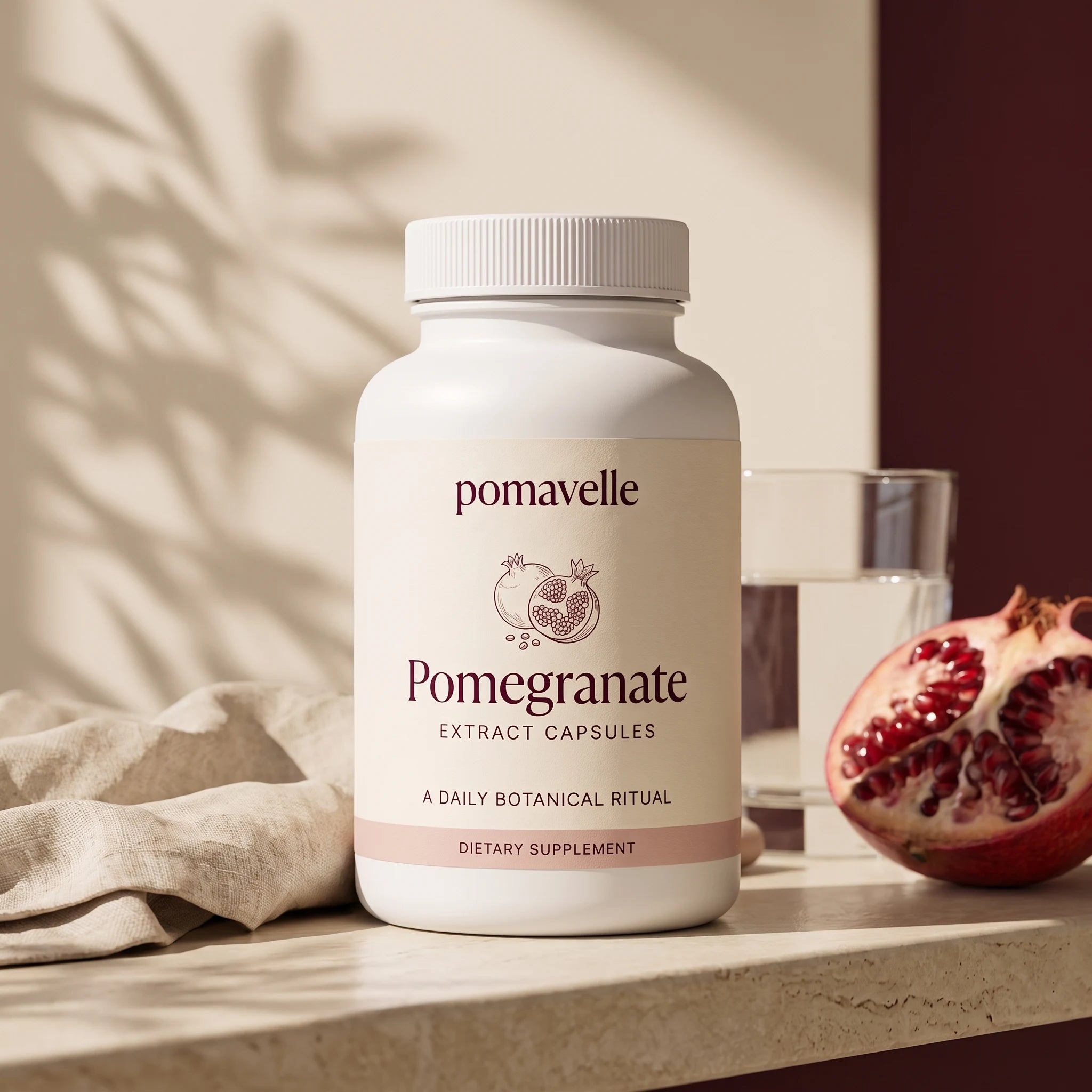 Pomavelle bottle beside water and pomegranate in morning light
