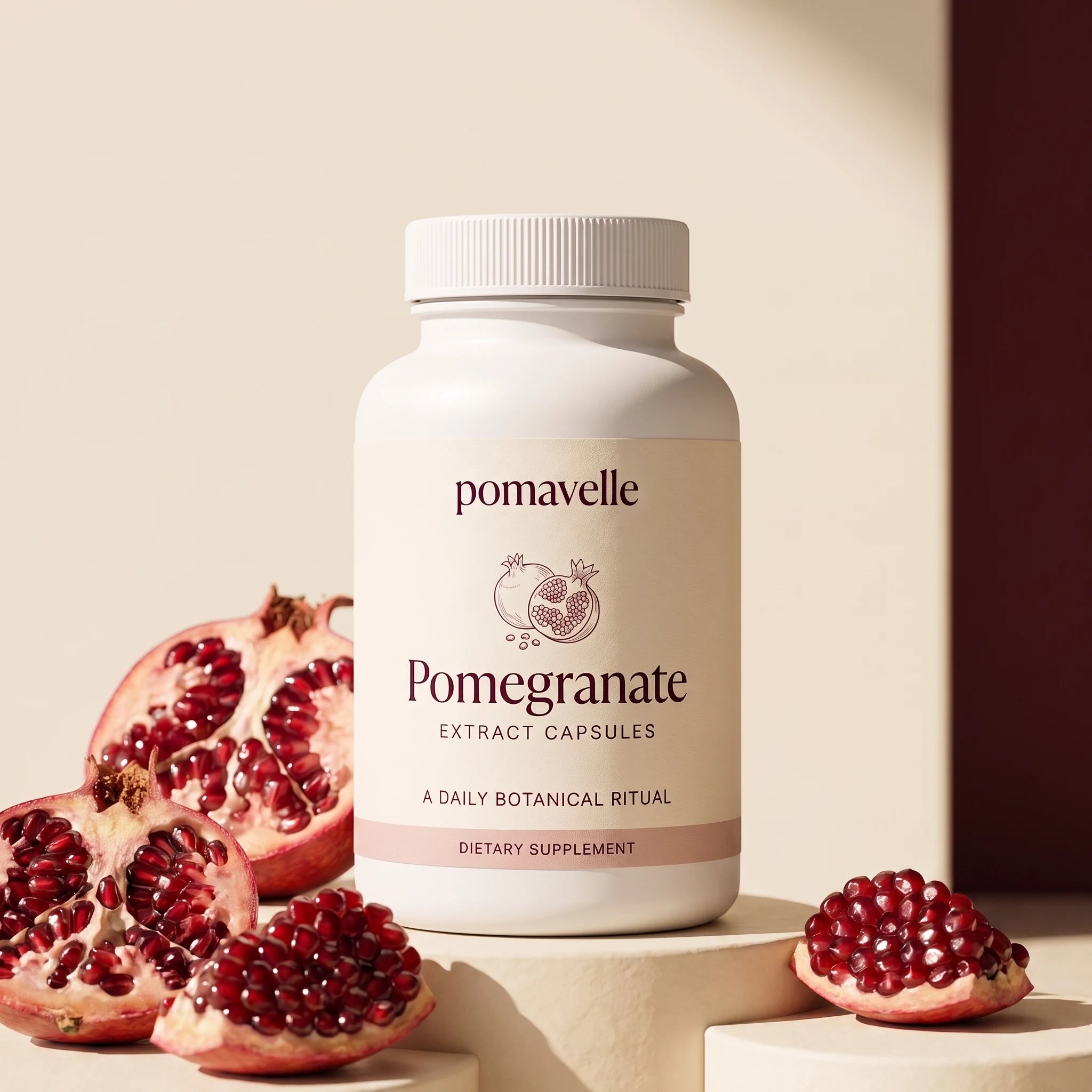 Pomavelle bottle and cut pomegranate on warm stone